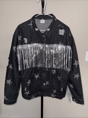 Blue Buttercup Black Silver Fringe and Star Jean Jacket Distressed Large